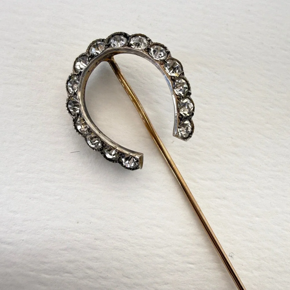 Antique Horseshoe Stick Pin Clear Paste Stones Sterling Silver Equestrian